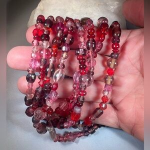 Vintage Long Red Pink Glass Beaded Necklace Layered Art Cranberry Glass 52”